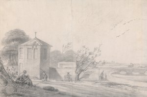 Scène au bord de la rivière avec des figures, bâtiment hexagonal à gauche et chariot tiré par des chevaux traversant le pont à droite - Richard Wilson